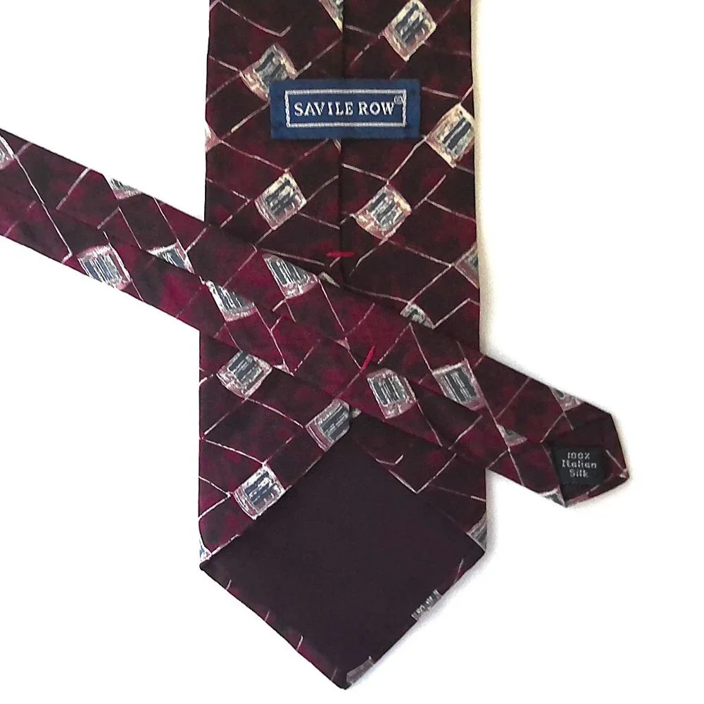 Vintage Savile Row Men's Neck Tie 100% Italian Silk Burgundy Cream & Gray EUC